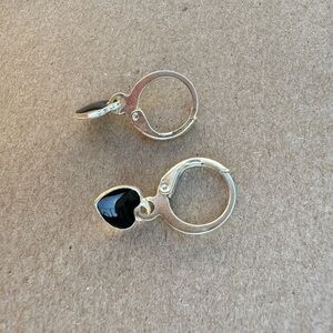 Black Heart Silver Hoop Earrings
